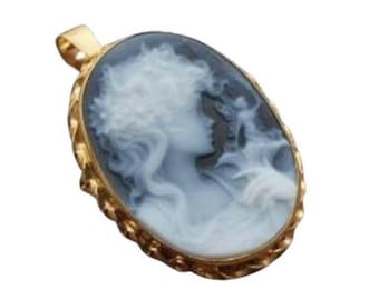 Gold blue cameo brooch pendant lady & fairy italian cameo jewelry donadio agate stone cameos broche camée camafeo カメオブローチ камея брошь
