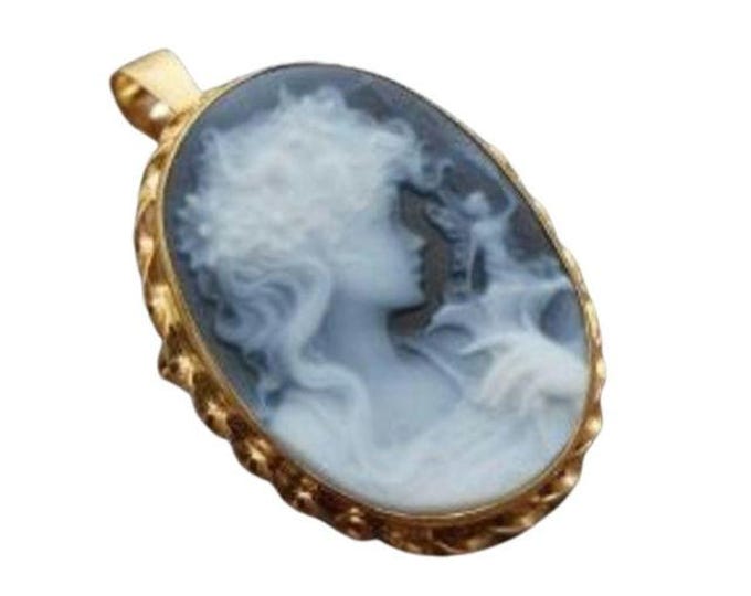 Gold blue cameo brooch pendant lady & fairy italian cameo jewelry donadio agate stone cameos broche camée camafeo カメオブローチ камея брошь