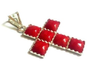 Pendente croce di corallo rosso italiano corallo cameo gioielli 925 sterling argento corallo croce pendente