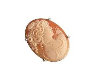 Carnelian Shell Cameo Brooch Pendant: Sterling Silver Venere Goddess.