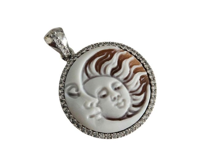 Sun and Moon Shell Cameo Pendant: Sterling Silver Italian Jewelry with zircons