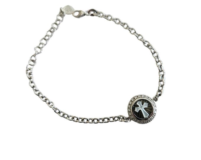 Mother of pearl Shell Cross Cameo Bracelet: 925 Sterling Silver and Zircons