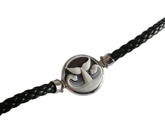Whale Tail Cameo Bracelet: Hand Carved Sardonyx Shell, 925 Sterling Silver and Leather