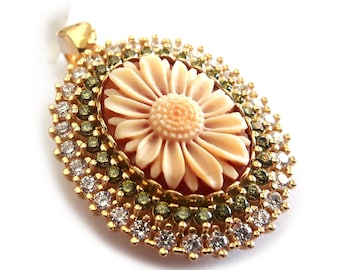 Carnelian Shell Cameo Pendant: Daisy, Zircons, Gold Plated Sterling Silver