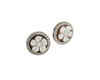 Flower Cameo Earrings: Sterling Silver Sardonyx Shell, Zircon Frame