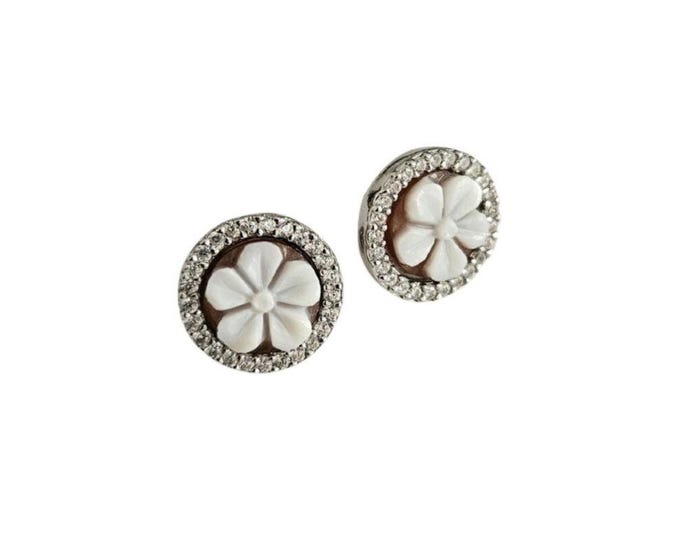Flower Cameo Earrings: Sterling Silver Sardonyx Shell, Zircon Frame