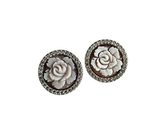 Rose Cameo Earrings: Hand Carved Sardonyx Shell, Sterling Silver