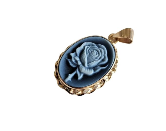 Blue Agate Cameo Pendant: Rose Flower, 9kt Gold Donadio Jewelry