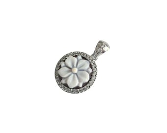 Shell Cameo Pendant: Daisy Flower, Sterling Silver & Zircons