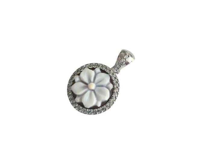 Shell Cameo Pendant: Daisy Flower, Sterling Silver & Zircons
