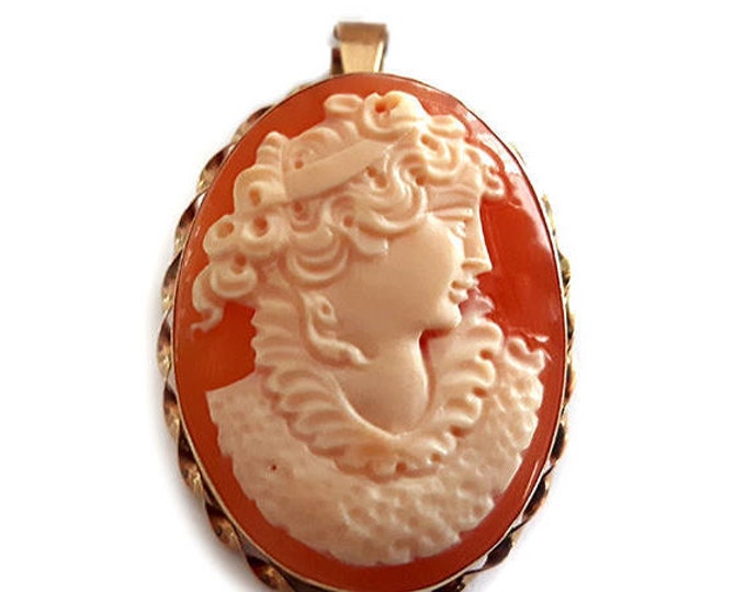 Gold Carnelian Shell Cameo Brooch Pendant: Hand Carved Victorian Jewelry