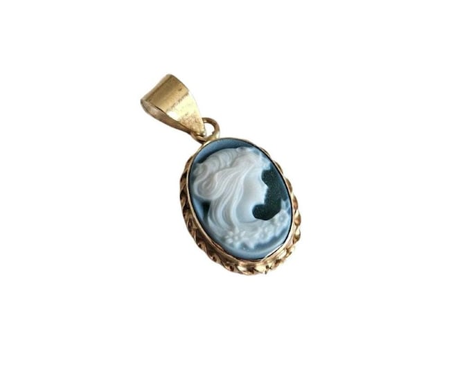 Gold Green Agate Cameo Pendant: Italian Woman with Flowers