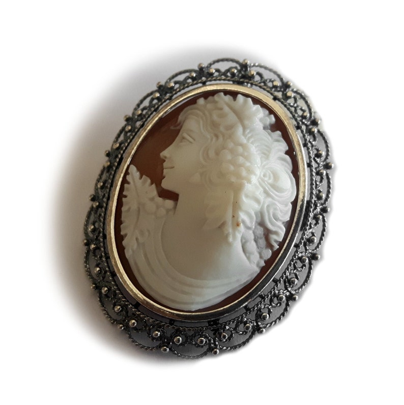 Shell cameo brooch /& pendant Maenad profile italian cameo jewelry donadio cameos shell camafeo broche cam\u00e9e \u041a\u0430\u043c\u0443\u0444\u043b\u044f\u0436\u043d\u0430\u044f \u0431\u0440\u043e\u0448\u044c \u30ab\u30e1\u30aa\u30d6\u30ed\u30fc\u30c1