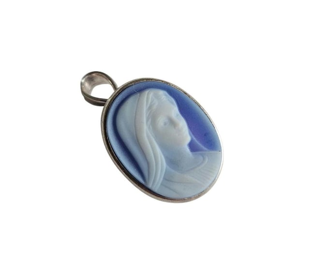 Blue Agate Cameo Pendant Brooch: Sterling Silver Madonna Portrait