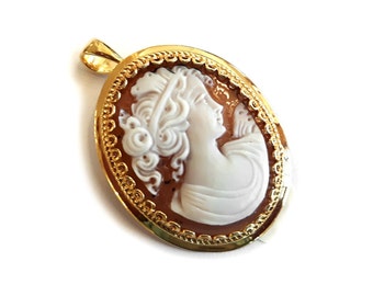 Proserpina Shell Cameo Brooch Pendant: Gold Plated Sterling Silver