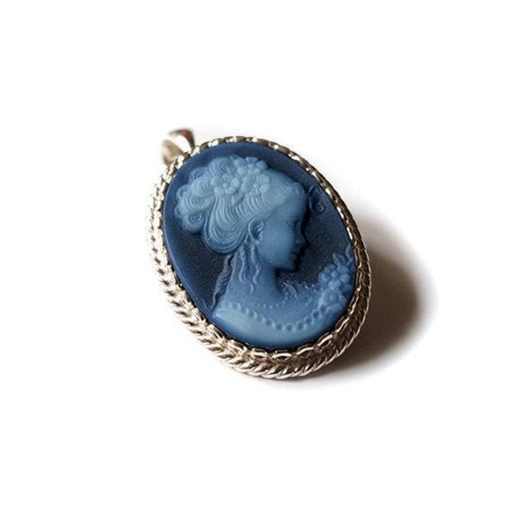Blue Cameo Brooch Pendant Lady Chignon Italian Cameo Jewelry 