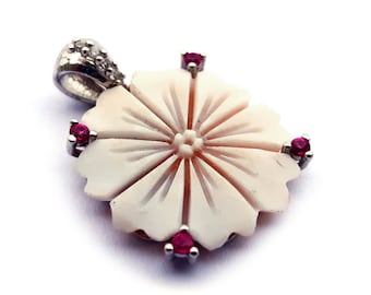 Shell Cameo Pendant: Sterling Silver Daisy, Pink Zircons
