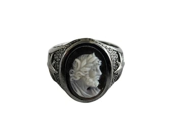Vintage Zeus Cameo Ring: Sterling Silver Sardonyx Shell, Adjustable