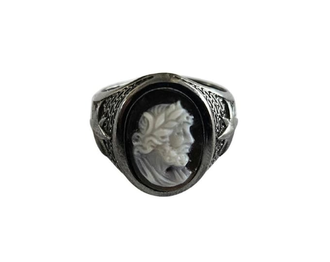 Vintage Zeus Cameo Ring: Sterling Silver Sardonyx Shell, Adjustable