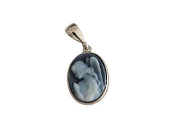 Blue Agate Angel Cameo Pendant: 925 Sterling Silver