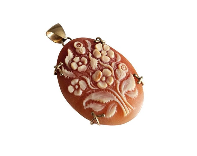 Handmade 9kt Gold Floral Shell Cameo Pendant: Neoclassical Italian Jewelry