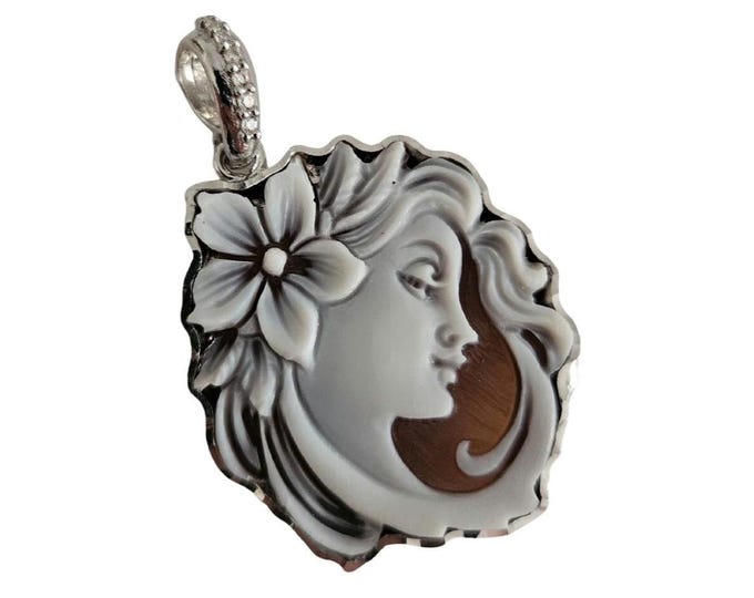 Shell Cameo Pendant: Woman profile with Flowers, 925 Sterling Silver, Italian Jewelry