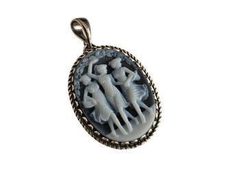 Blue Agate Cameo Pendant: Sterling Silver Three Graces, Italian Jewelry