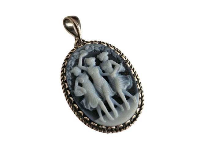 Blue Agate Cameo Pendant: Sterling Silver Three Graces, Italian Jewelry