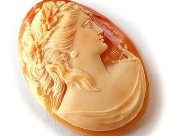 Loose Carnelian Shell Cameo: Hand Carved Sappho Poetess Profile (45mm)