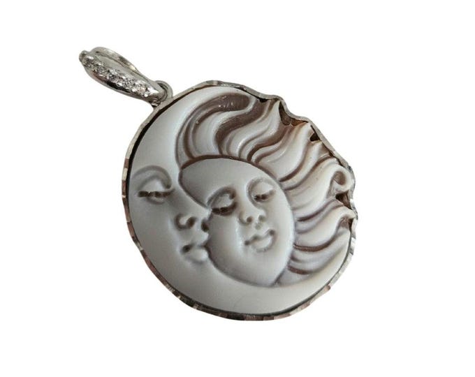 Sun and Moon Shell Cameo Pendant: Sterling Silver Italian Jewelry with zircons