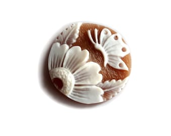 Sardonyx Shell Cameo: Butterfly on Flower, Italian Jewelry
