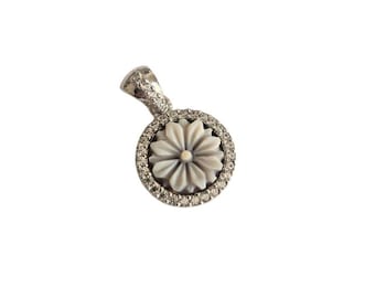 Shell Cameo Pendant: Lotus Flower, Sterling Silver Zircon Frame