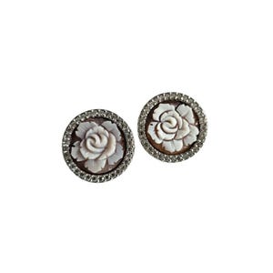 Rose Cameo Earrings: Hand Carved Sardonyx Shell, Sterling Silver