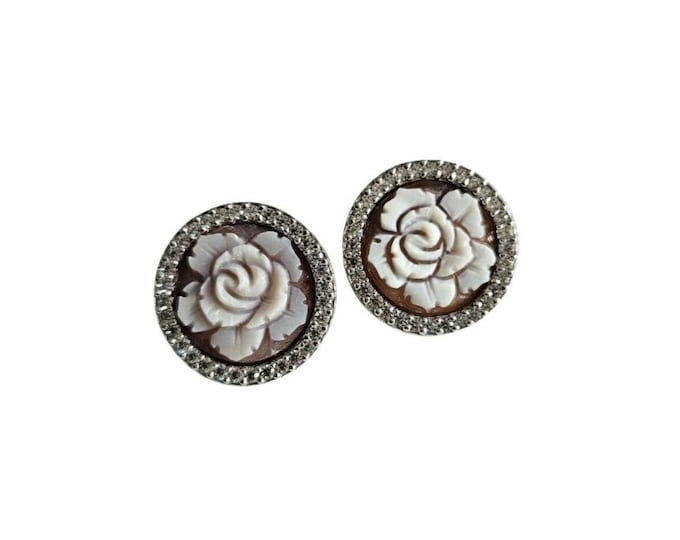 Rose Cameo Earrings: Hand Carved Sardonyx Shell, Sterling Silver