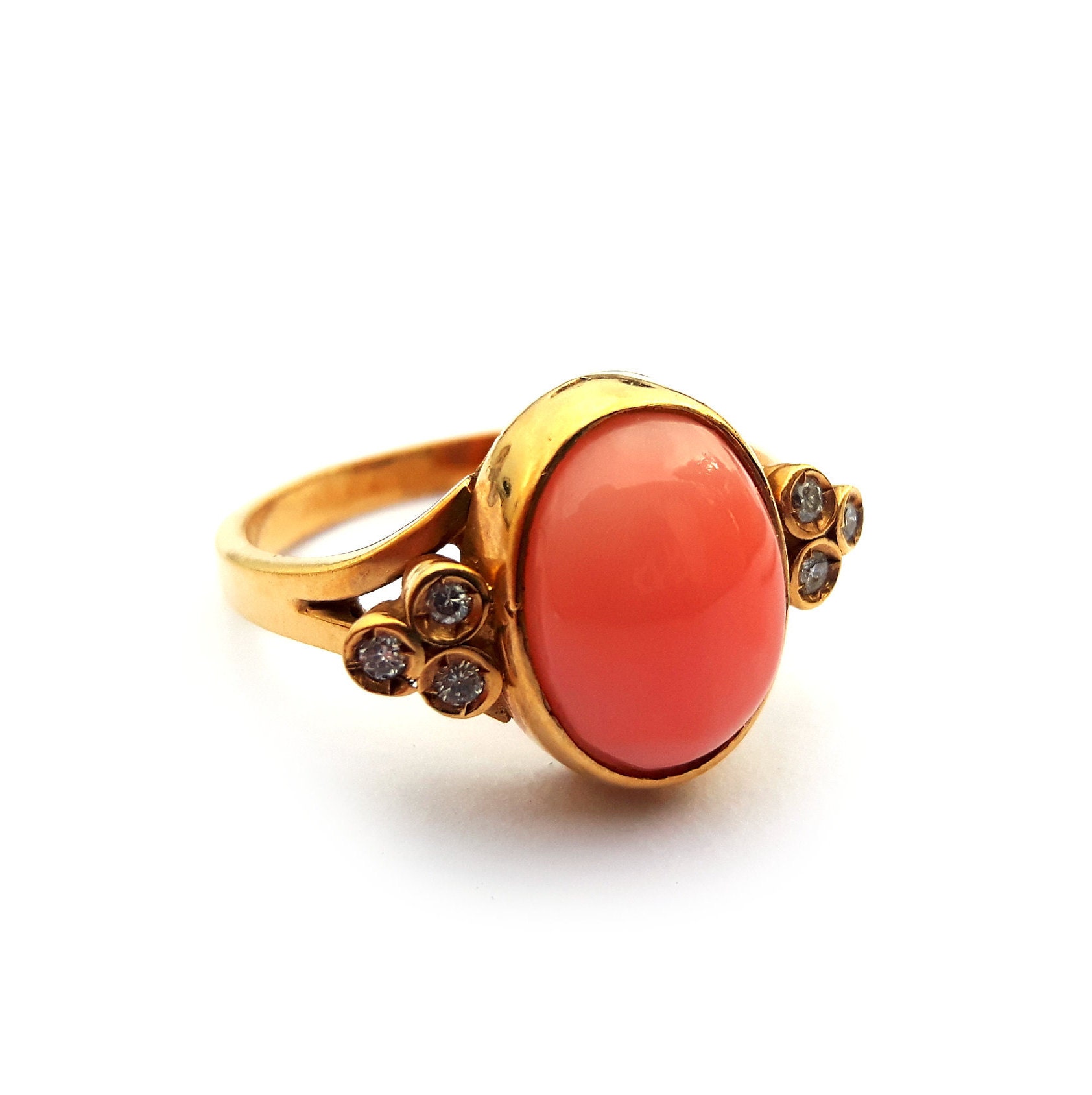 Gold pink coral ring diamonds italian coral jewelry donadio corals