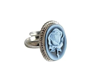 Blue Agate Cameo Ring: Sterling Silver Rose Flower, Italian Jewelry