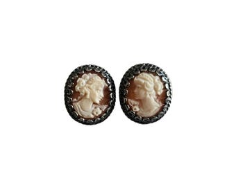 Shell Cameo Earrings: Sterling Silver Sardonyx Roman Profile