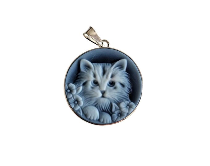 Blue Agate Cat Cameo Pendant: Sterling Silver Italian Jewelry