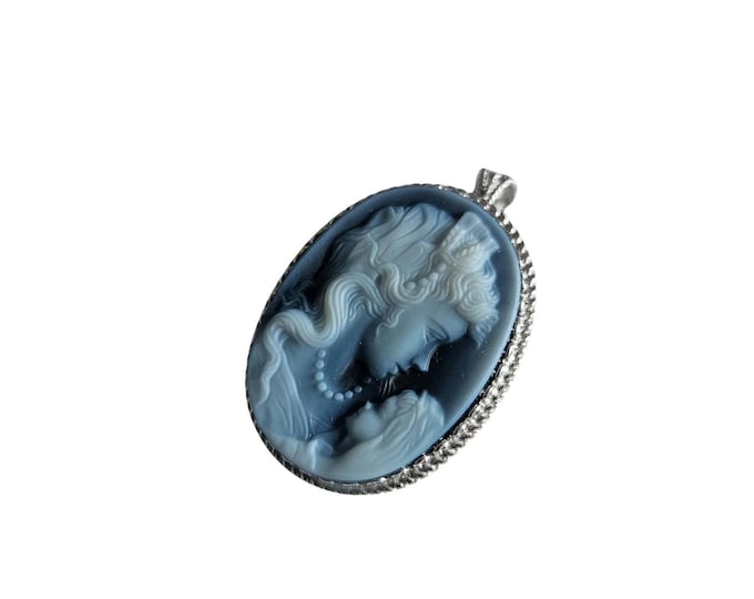 Blue Agate Cameo Brooch Pendant: Sterling Silver Woman & Child