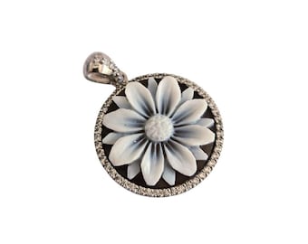 Sunflower Shell Cameo Pendant: Sterling Silver Zircon Frame