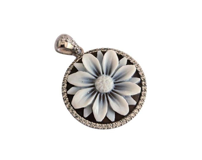 Sunflower Shell Cameo Pendant: Sterling Silver Zircon Frame