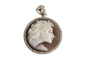 Handcarved Sardonyx Shell Cameo Pendant, 925 Sterling Silver and zircons