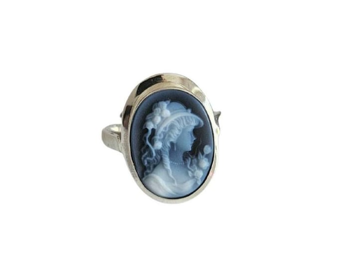 Blue Agate Cameo Ring, Sterling Silver, Lady Profile, Adjustable Size