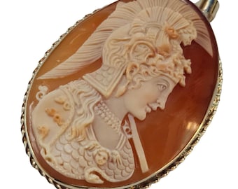 Handmade Carnelian Shell Cameo: Athena Minerva, 9kt Gold Brooch Pendant
