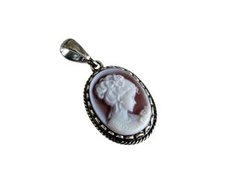 Red Agate Cameo Pendant: Sterling Silver Lady Chignon Jewelry