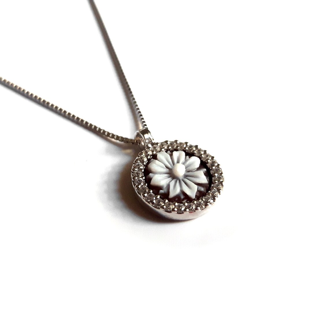 Lotus Shell Cameo Necklace: Sterling Silver Zircon Frame, Italian ...