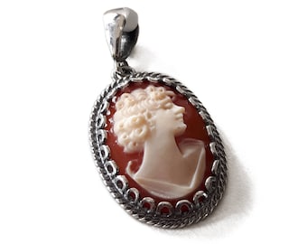 Boho Shell Cameo Pendant: Hand Carved Sardonyx, Sterling Silver