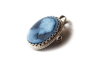 Blue cameo brooch pendant lady chignon italian cameo jewelry donadio stone cameos pendentif broche camée camafeo colgante カメオペンダント Камея