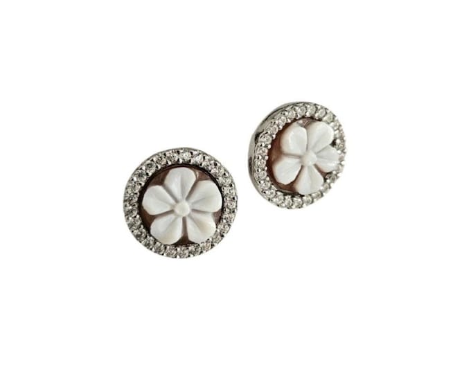 Flower Cameo Earrings: Sterling Silver Sardonyx Shell, Zircon Frame