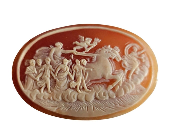 Cammeo in conchiglia di corniola: carro di Dioniso, stile neoclassico italiano (50 mm)